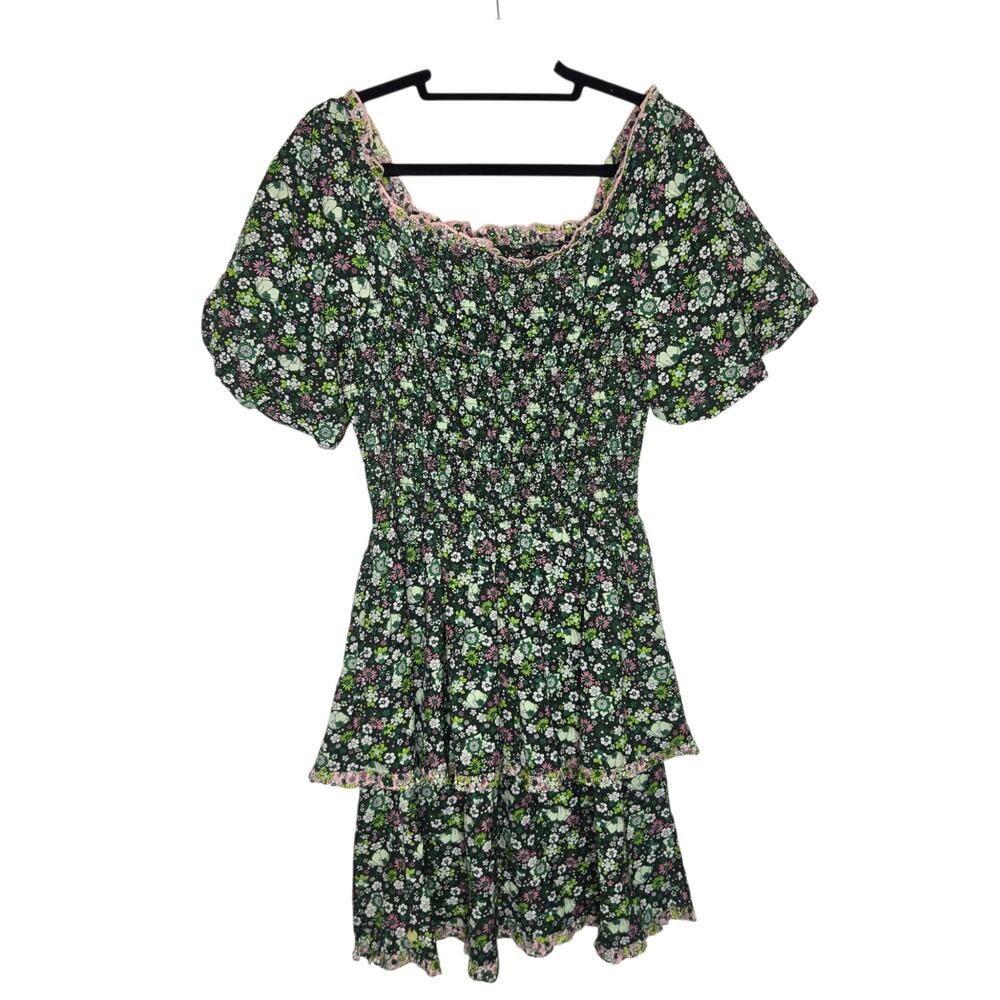Scotch & Soda Girls Cottage Green Floral Dress Smocked Tiered Ruffle Hem 14